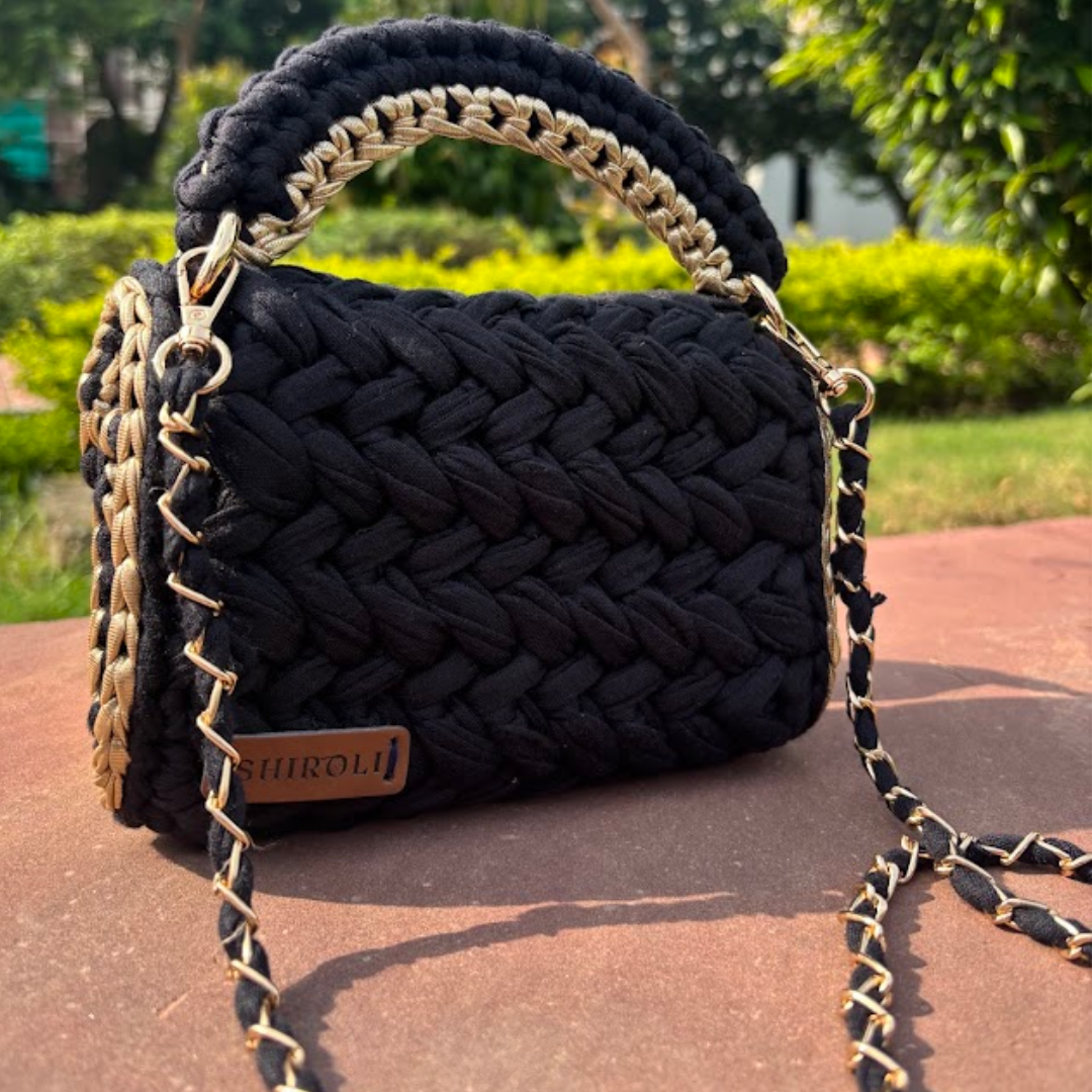 Shiroli Handmade Designer Black Opulence Crochet Bag- Image 4