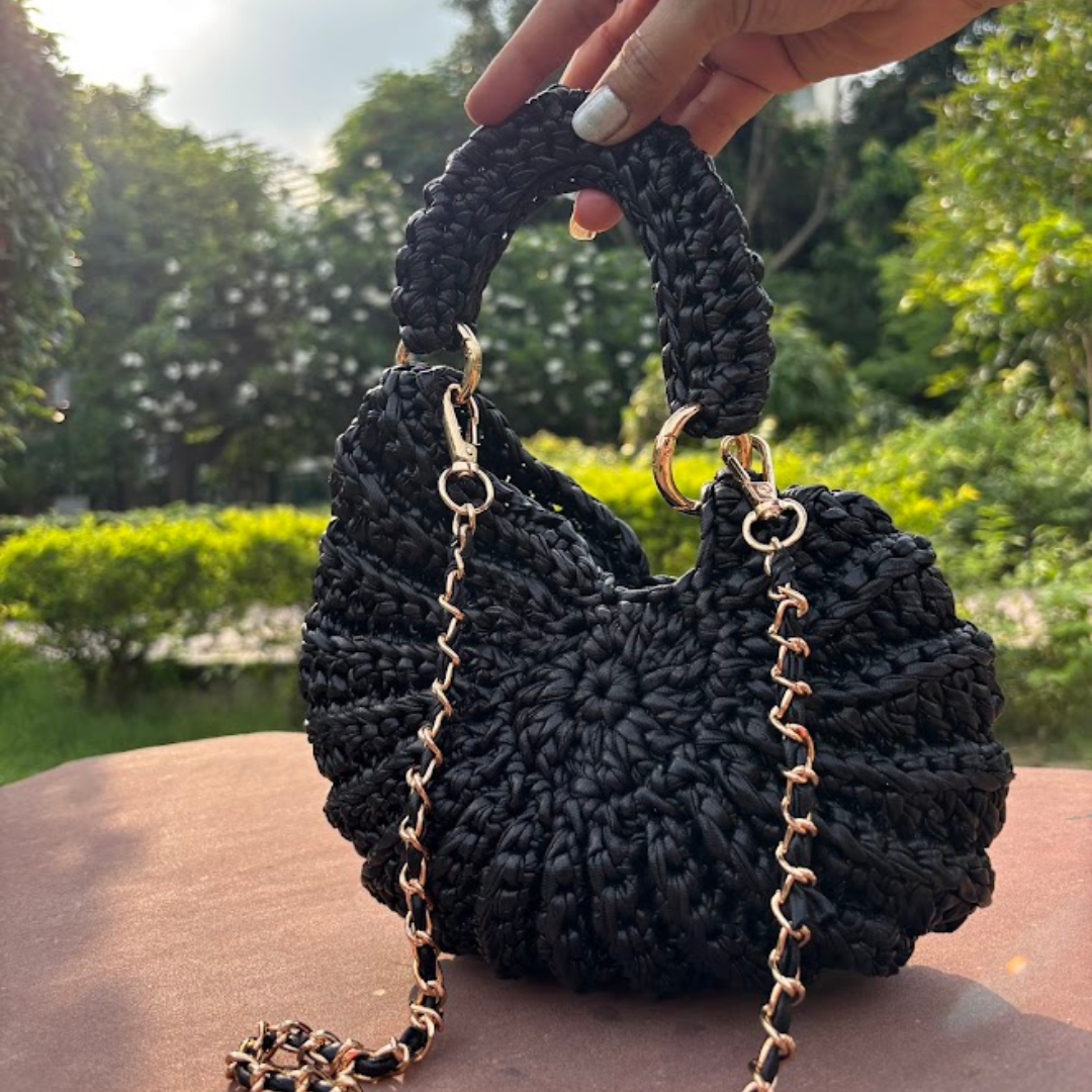 Shiroli Handmade Designer Metallic Black - Shell Crochet Bag- Image 5