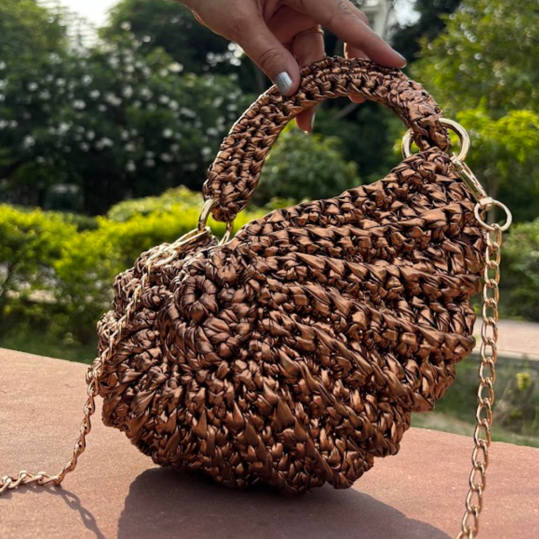 Shiroli Handmade Designer Metallic Copper- Shell Crochet Bag- Image 4