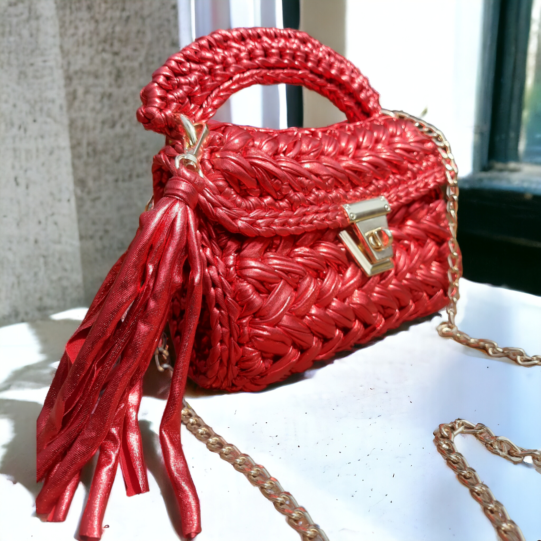 Shiroli Handmade Designer Metallic Hot Red Crochet Bag - Image 1