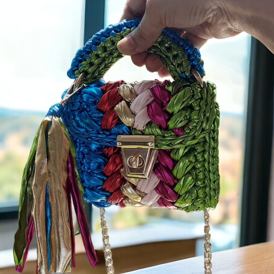 Shiroli Handmade Designer Metallic Particolored Mini Crochet Bag - Image 4
