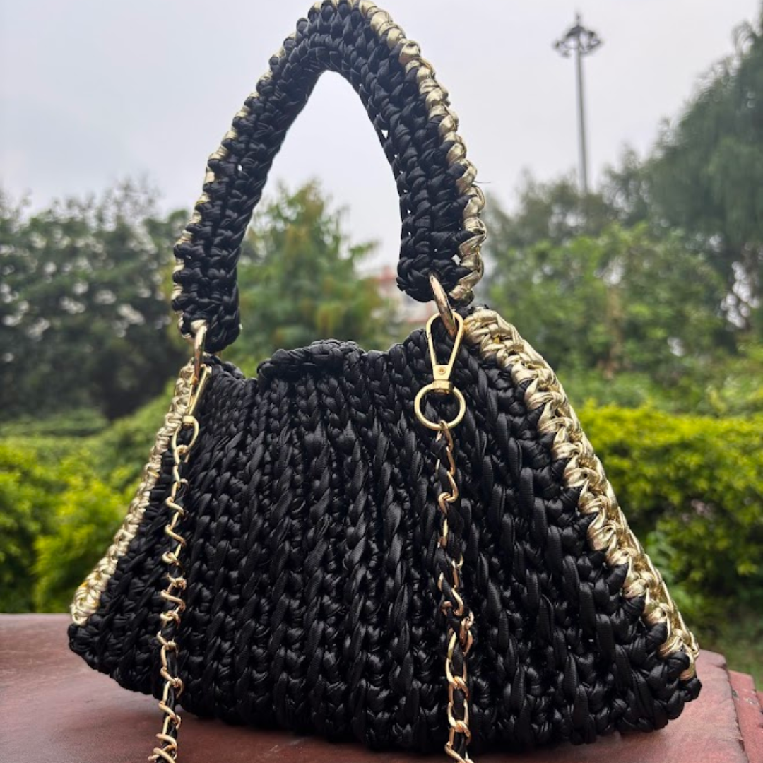 Shiroli Handmade Metallic Black Gold - Trapezoid Crochet Bag With Golden Lock- Image 6