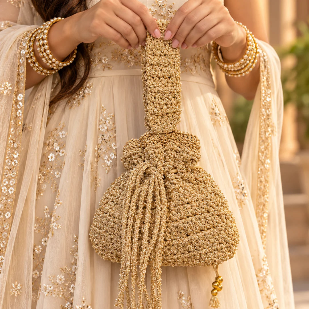 Shiroli Handmade Metallic Gold - Shimmer Potli Crochet Bag - Image 5