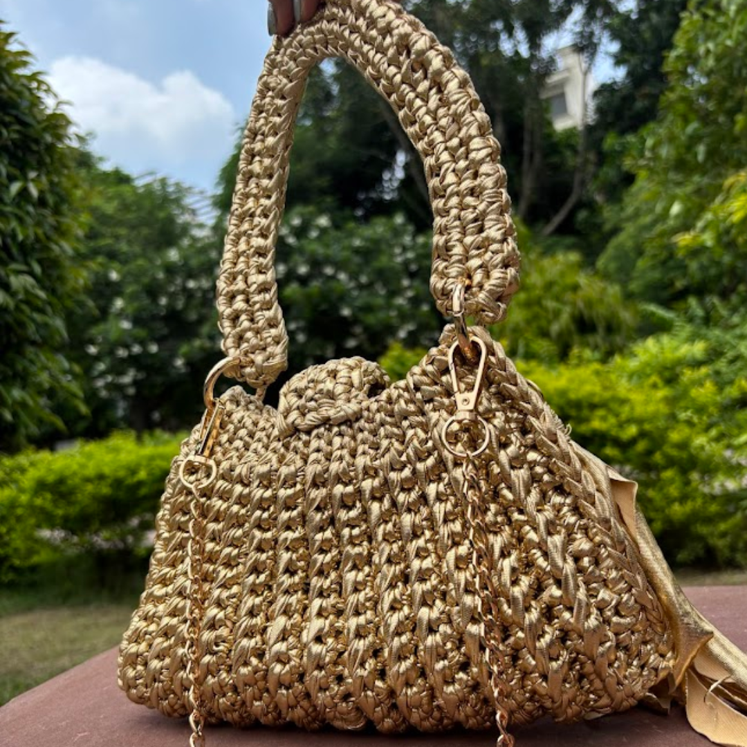 Shiroli Handmade Metallic Gold - Trapezoid Crochet Bag With Golden Lock- Image 4