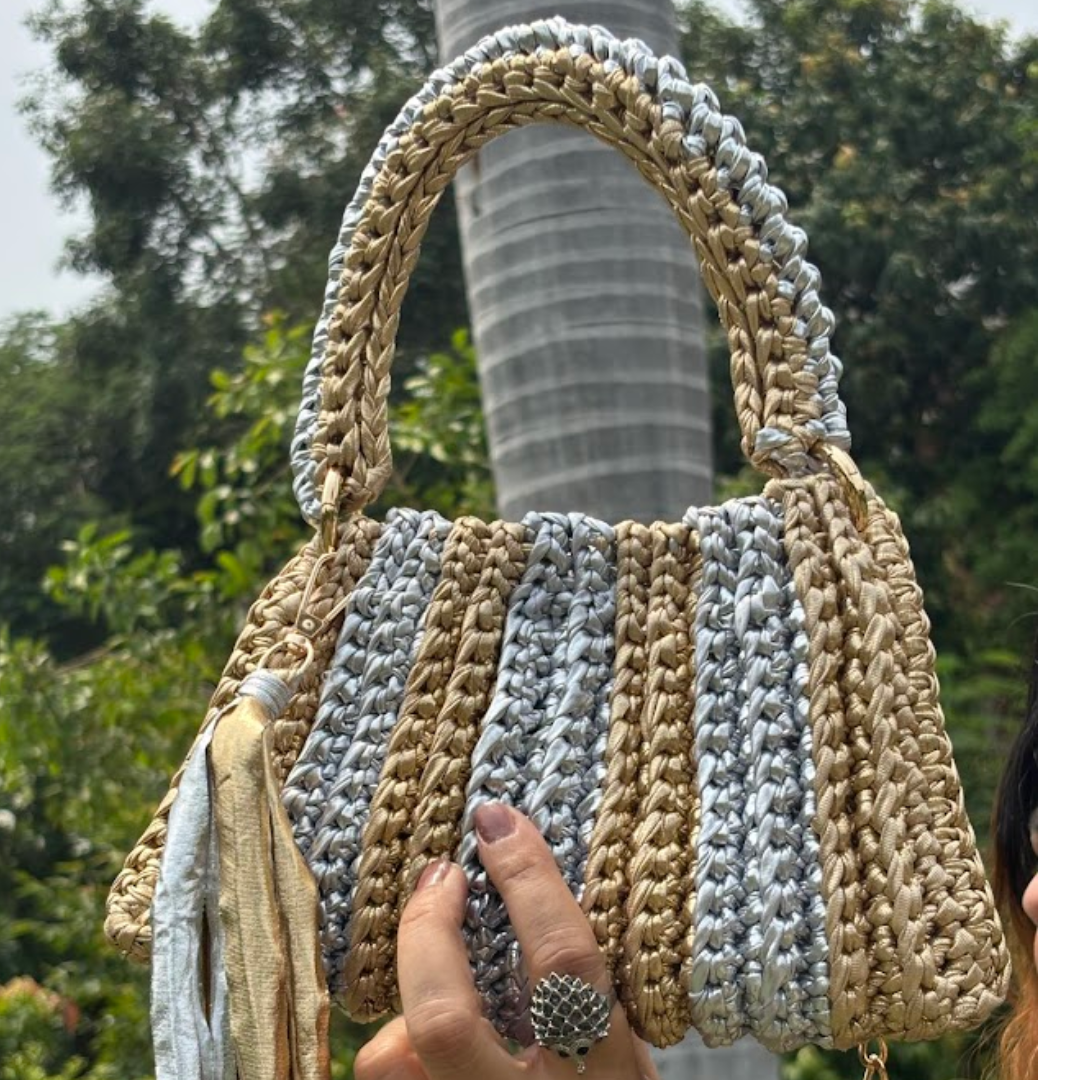 Shiroli Handmade Metallic Gold & Silver - Trapezoid Crochet Bag - Image 2