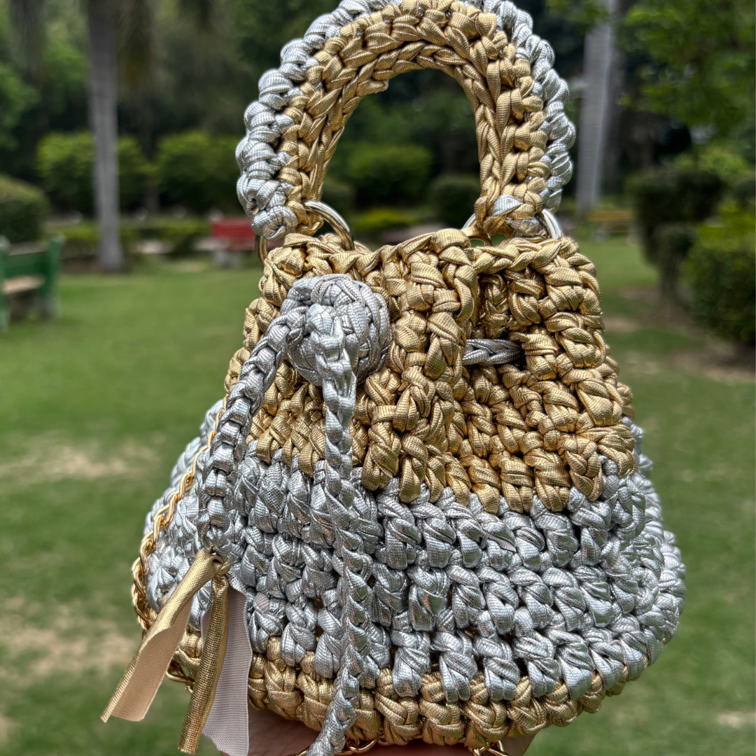 Shiroli Handmade Metallic Gold and Silver- Potli Crochet Bag - Image 4