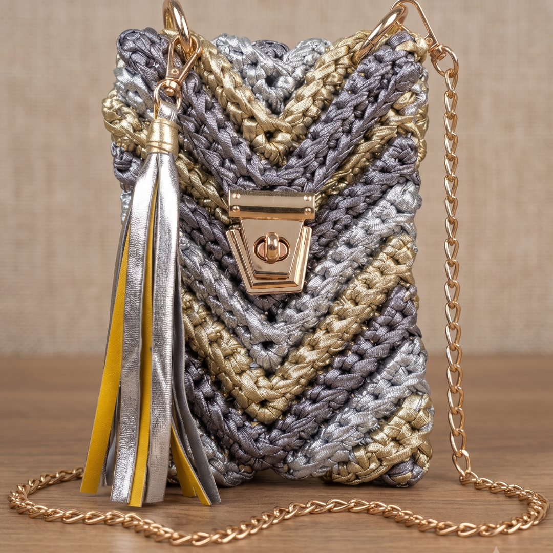 Shiroli Handmade Metallic Platinum Muse - Mobile Sling Crochet Bag - Image 5