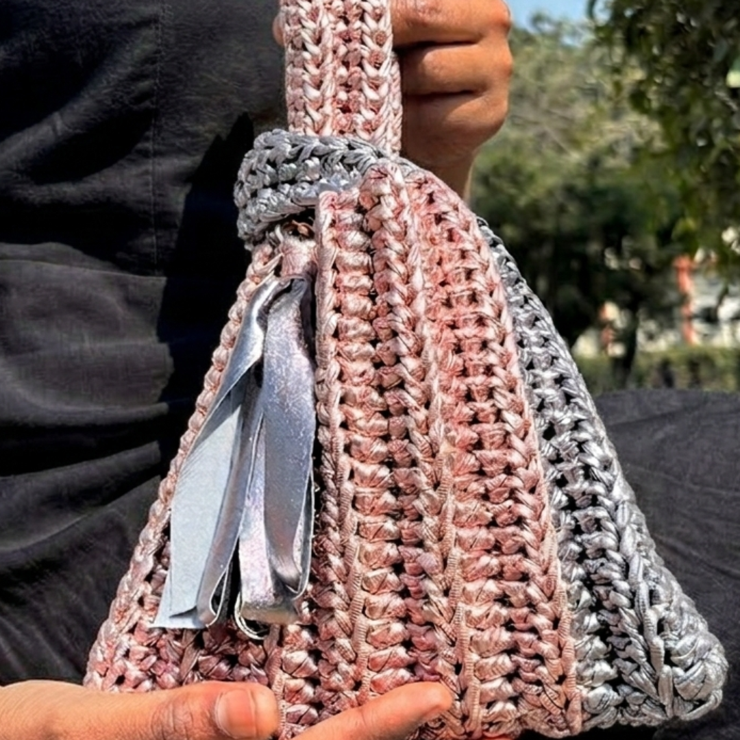 Shiroli Handmade Metallic Rose Gold & Grey Combo - Japanese Knot Crochet Bag- Image 6