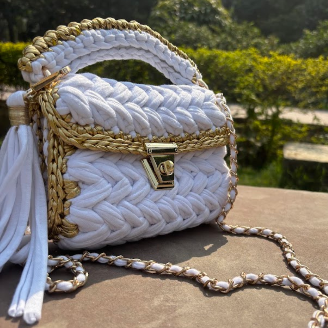 Shiroli Handmade Snow White Crochet Bag with Metallic Gold Border Sling bag- Image 6