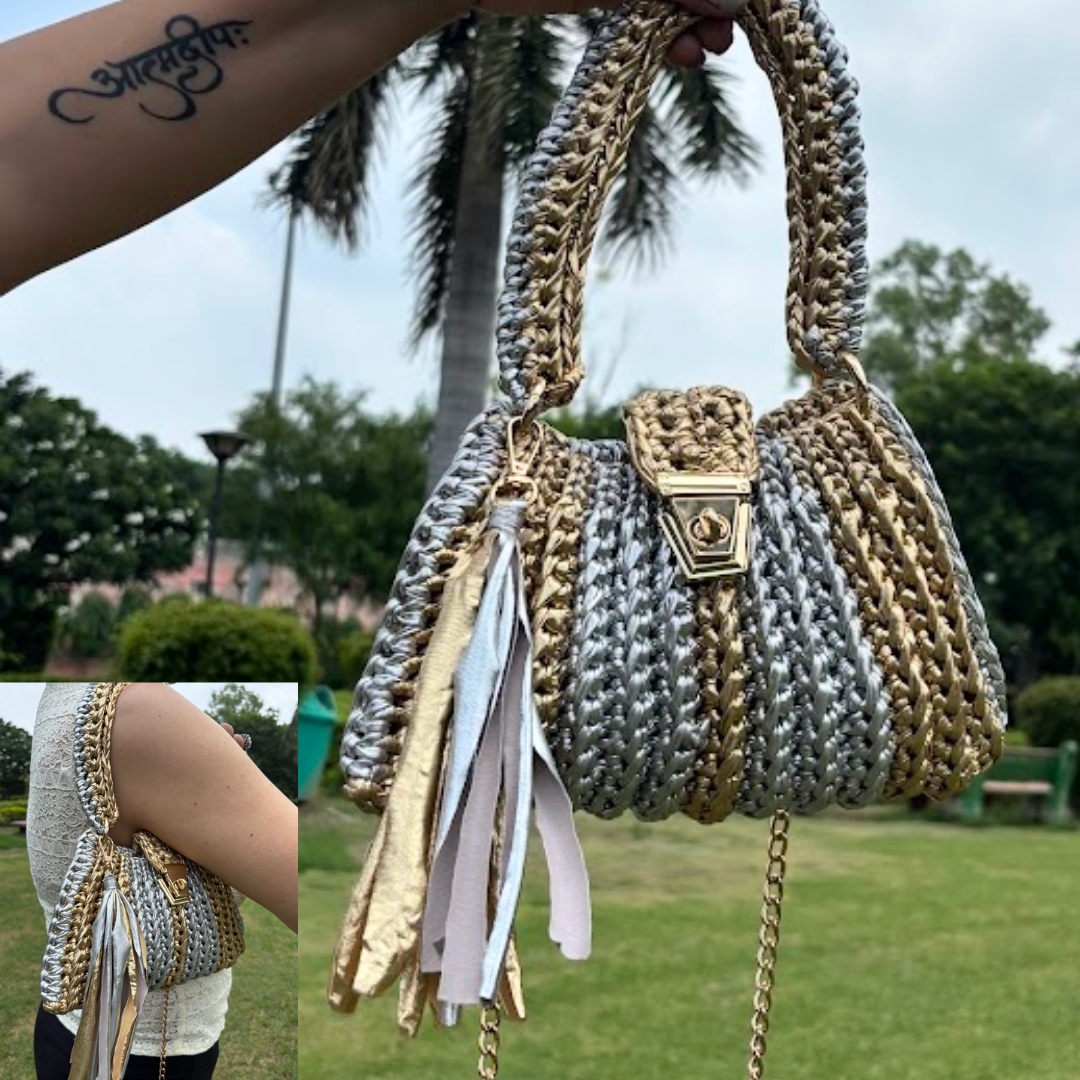 Shiroli Handmade Metallic Gold n Silver - Trapezoid Crochet Bag With Golden Lock- Image 8
