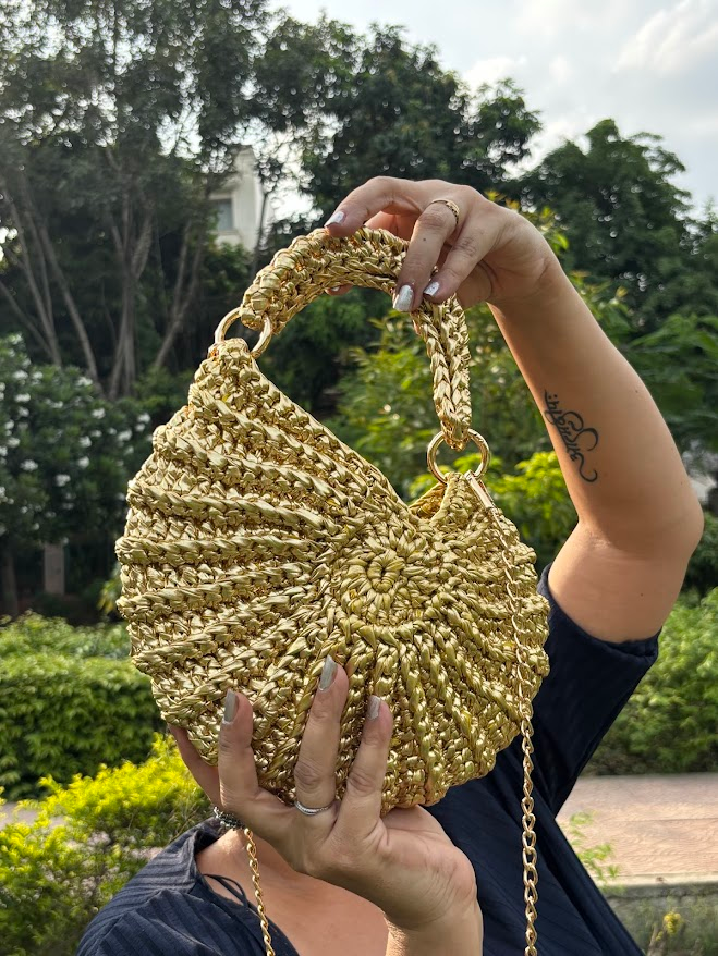 Shiroli Handmade Designer Metallic Golden - Shell Crochet Bag - Image 6