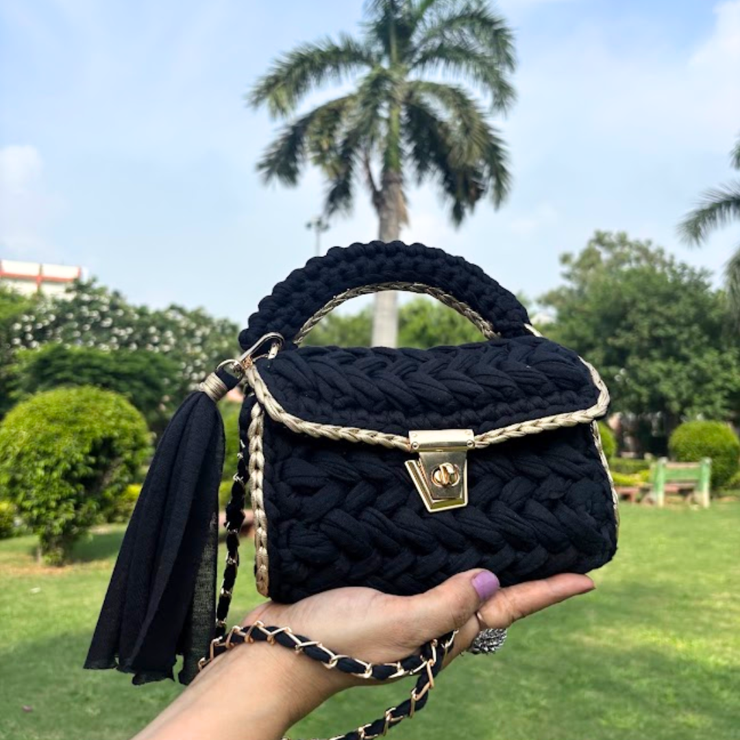 Shiroli Handmade Designer Black Opulence Crochet Bag- Image 2