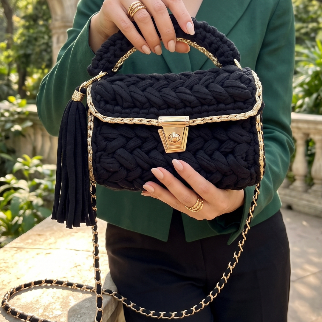 Shiroli Handmade Designer Black Opulence Crochet Bag- Image 5