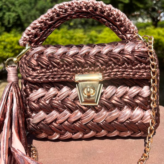 Shiroli Handmade Designer Metallic Copper Rose Crochet Bag- Image 4