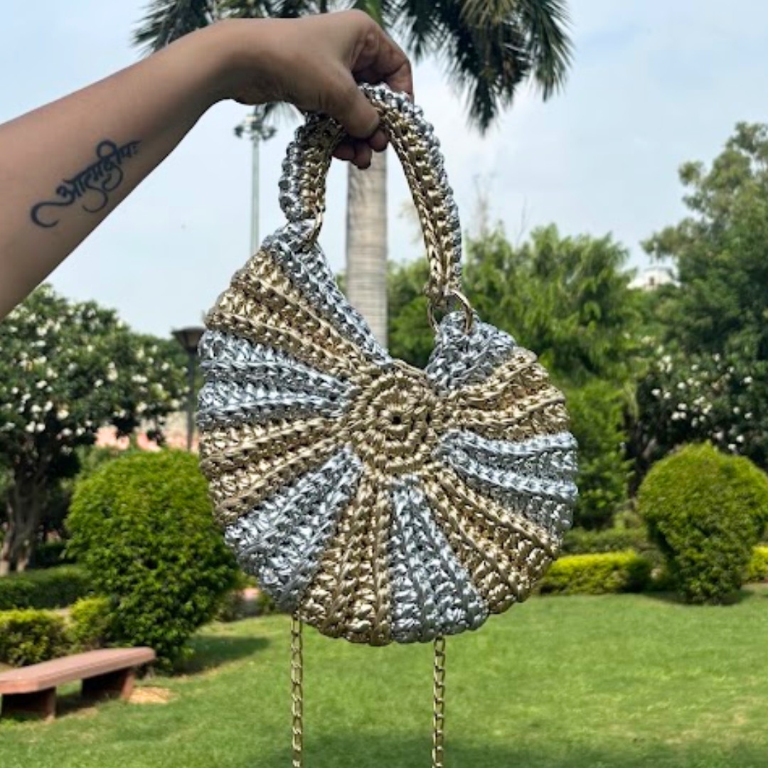 Shiroli Handmade Designer Metallic Gold & Silver - Shell Crochet Bag- Image 5