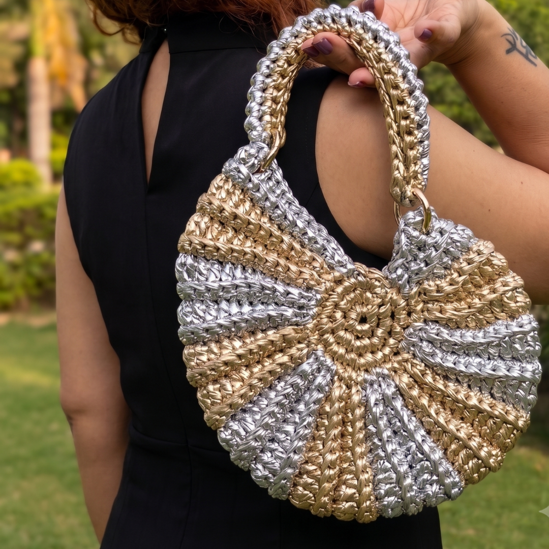 Shiroli Handmade Designer Metallic Gold & Silver - Shell Crochet Bag- Image 2