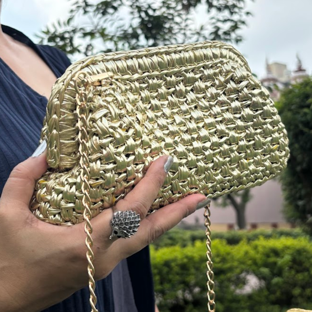 Shiroli Handmade Designer Metallic Golden - Clutch Crochet Bag - Image 1