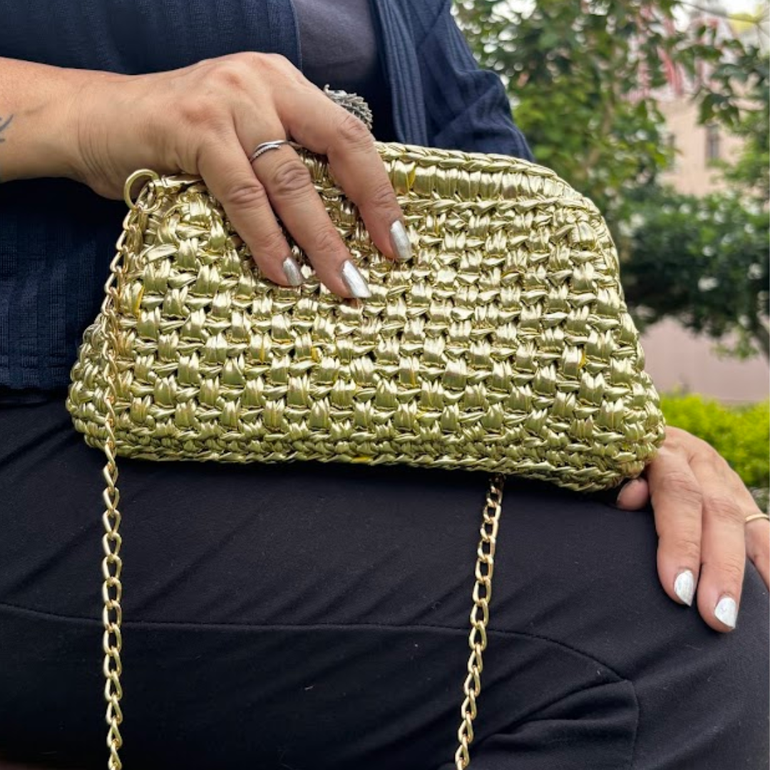 Shiroli Handmade Designer Metallic Golden - Clutch Crochet Bag - Image 2