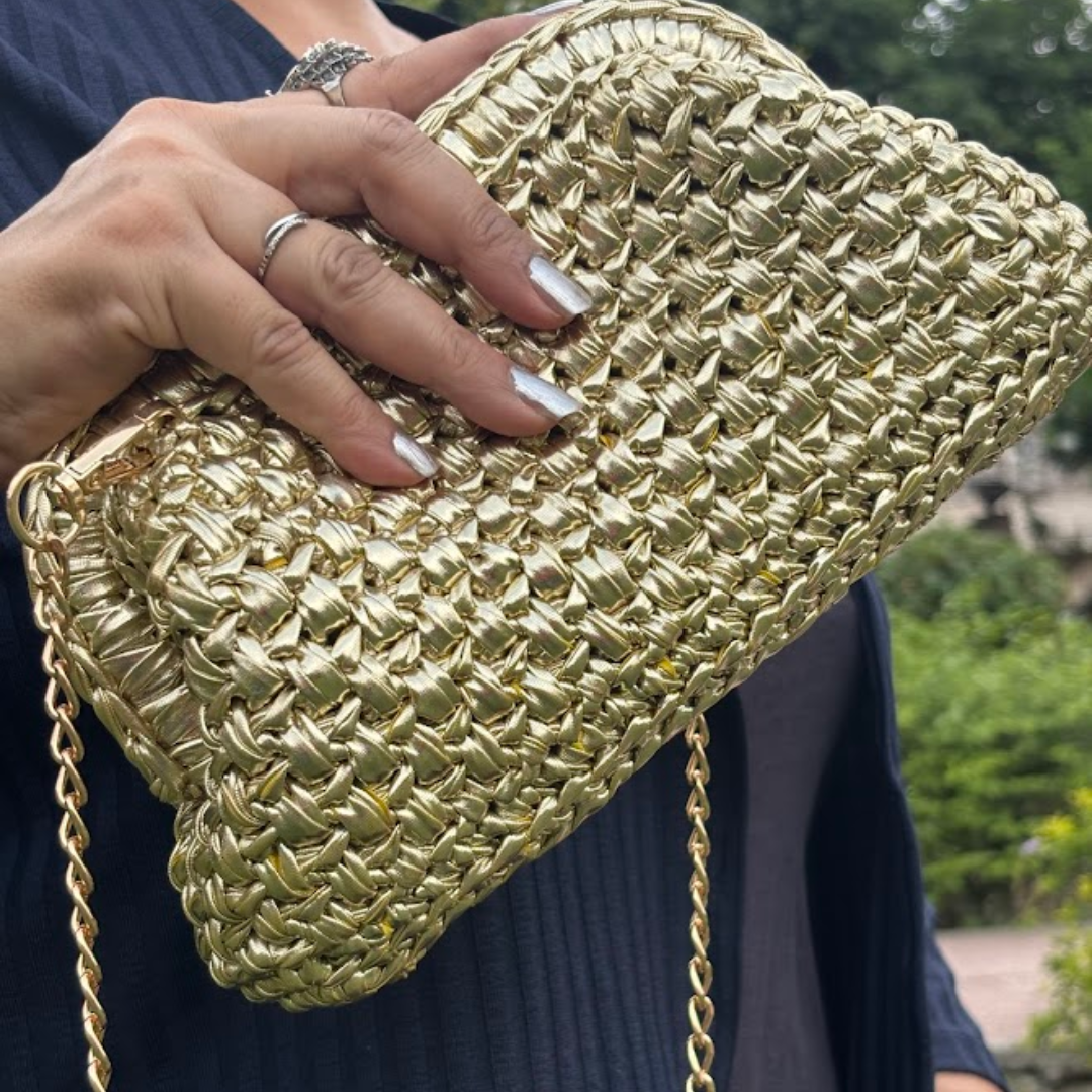 Shiroli Handmade Designer Metallic Golden - Clutch Crochet Bag - Image 3