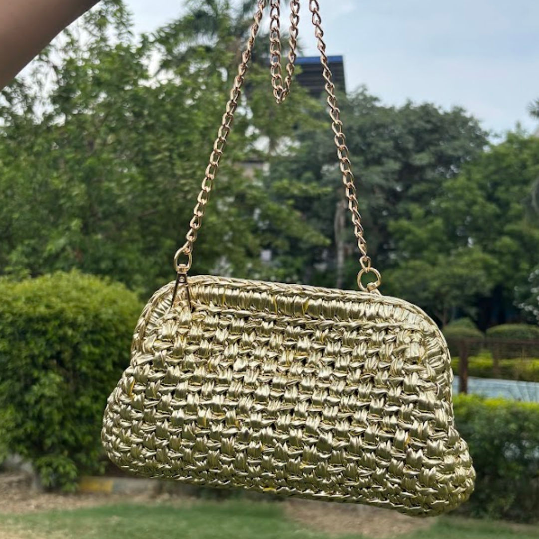 Shiroli Handmade Designer Metallic Golden - Clutch Crochet Bag - Image 4