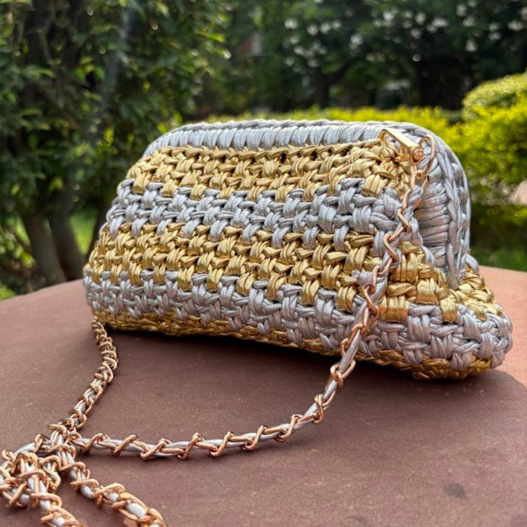 Shiroli Handmade Designer Metallic Golden & Silver - Clutch Crochet Bag- Image 1