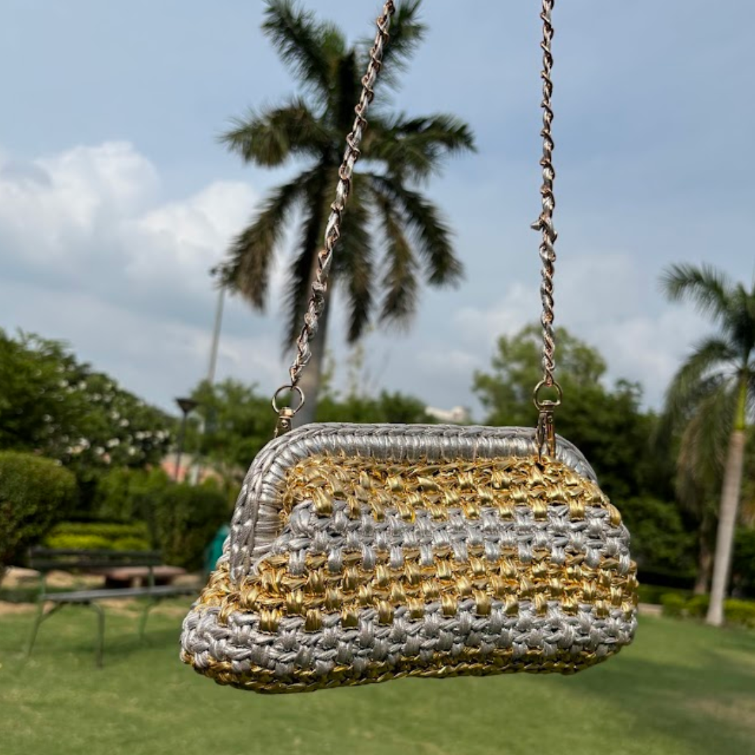 Shiroli Handmade Designer Metallic Golden & Silver - Clutch Crochet Bag- Image 3