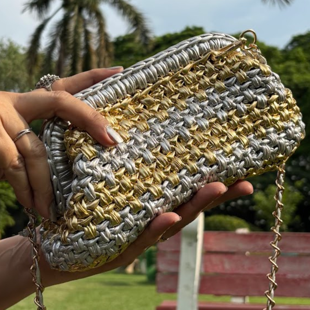 Shiroli Handmade Designer Metallic Golden & Silver - Clutch Crochet Bag- Image 4