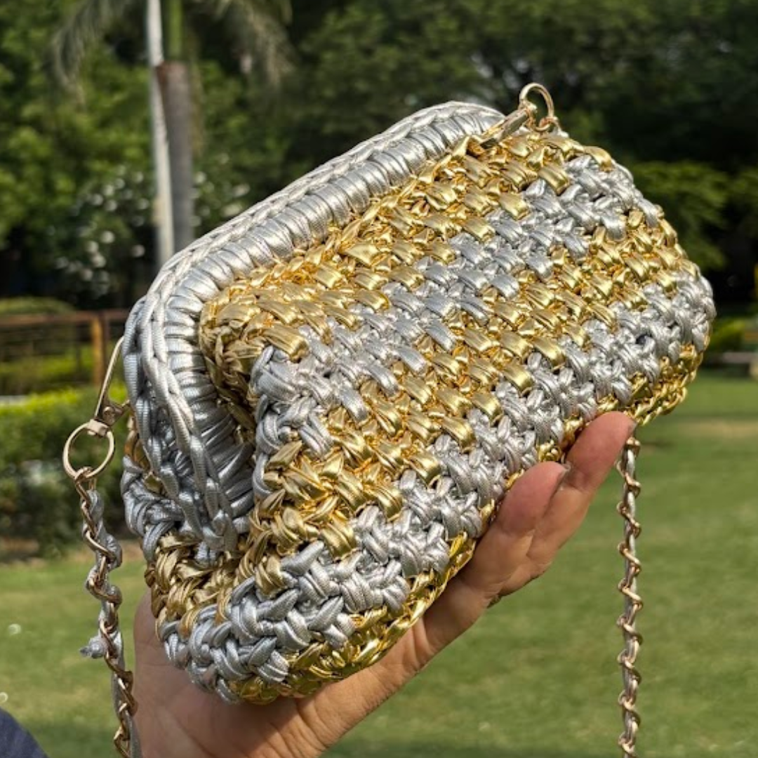 Shiroli Handmade Designer Metallic Golden & Silver - Clutch Crochet Bag- Image 5