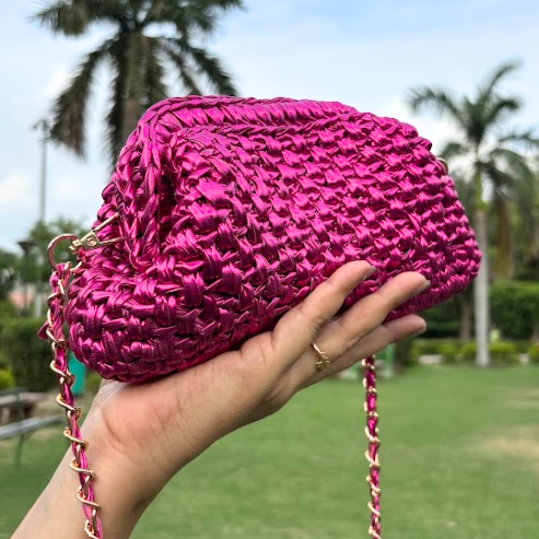 Shiroli Handmade Designer Metallic Hot Pink - Clutch Crochet Bag - Image 2