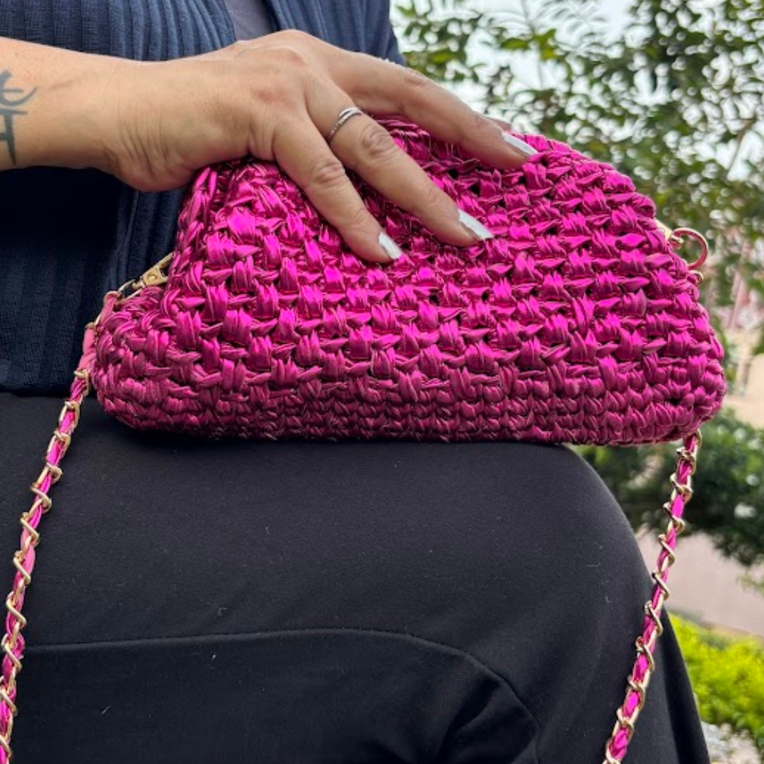 Shiroli Handmade Designer Metallic Hot Pink - Clutch Crochet Bag - Image 3