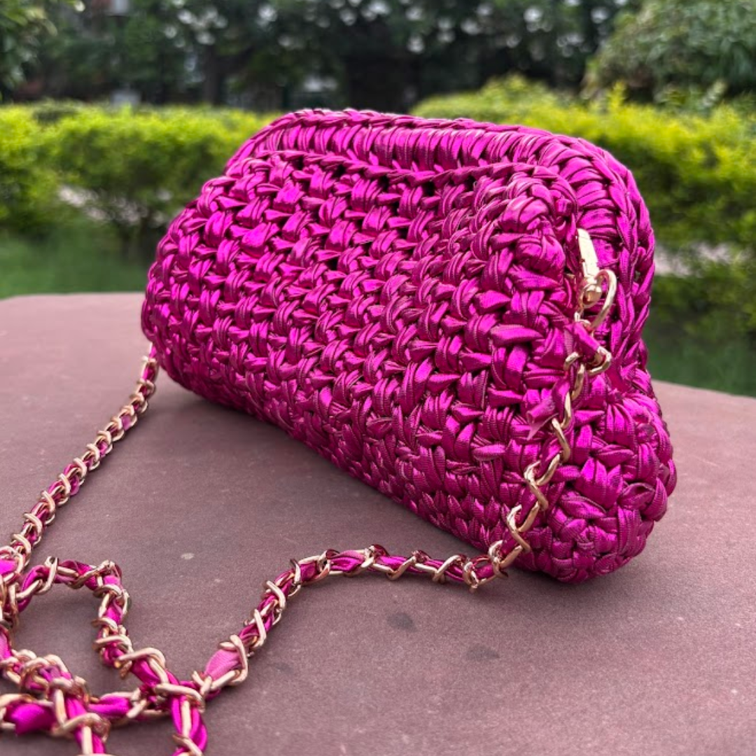 Shiroli Handmade Designer Metallic Hot Pink - Clutch Crochet Bag - Image 4