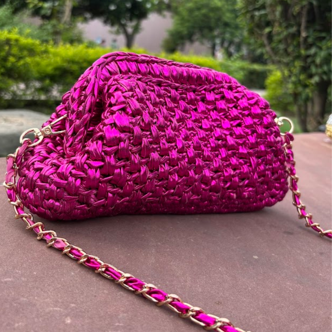 Shiroli Handmade Designer Metallic Hot Pink - Clutch Crochet Bag - Image 5