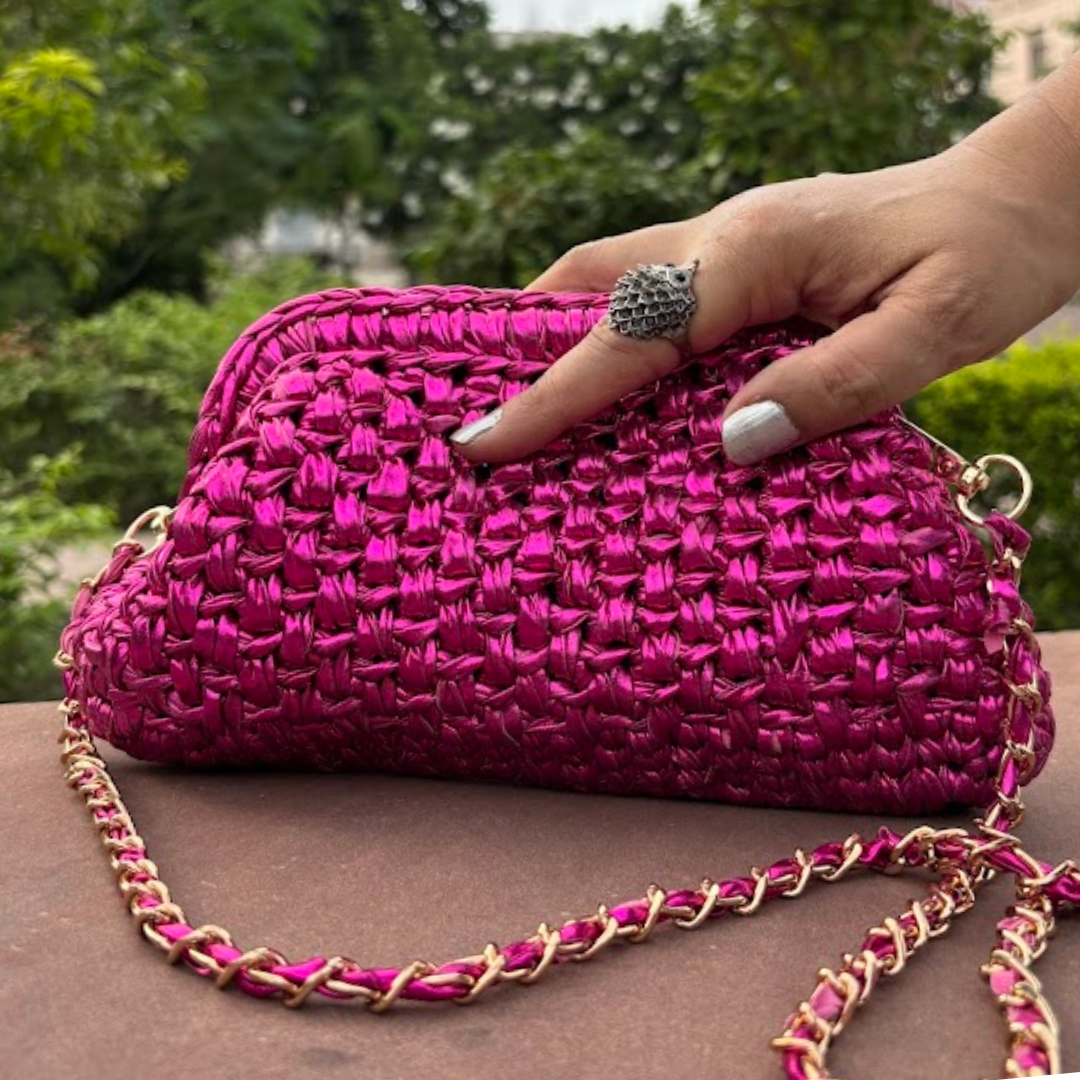 Shiroli Handmade Designer Metallic Hot Pink - Clutch Crochet Bag - Image 6
