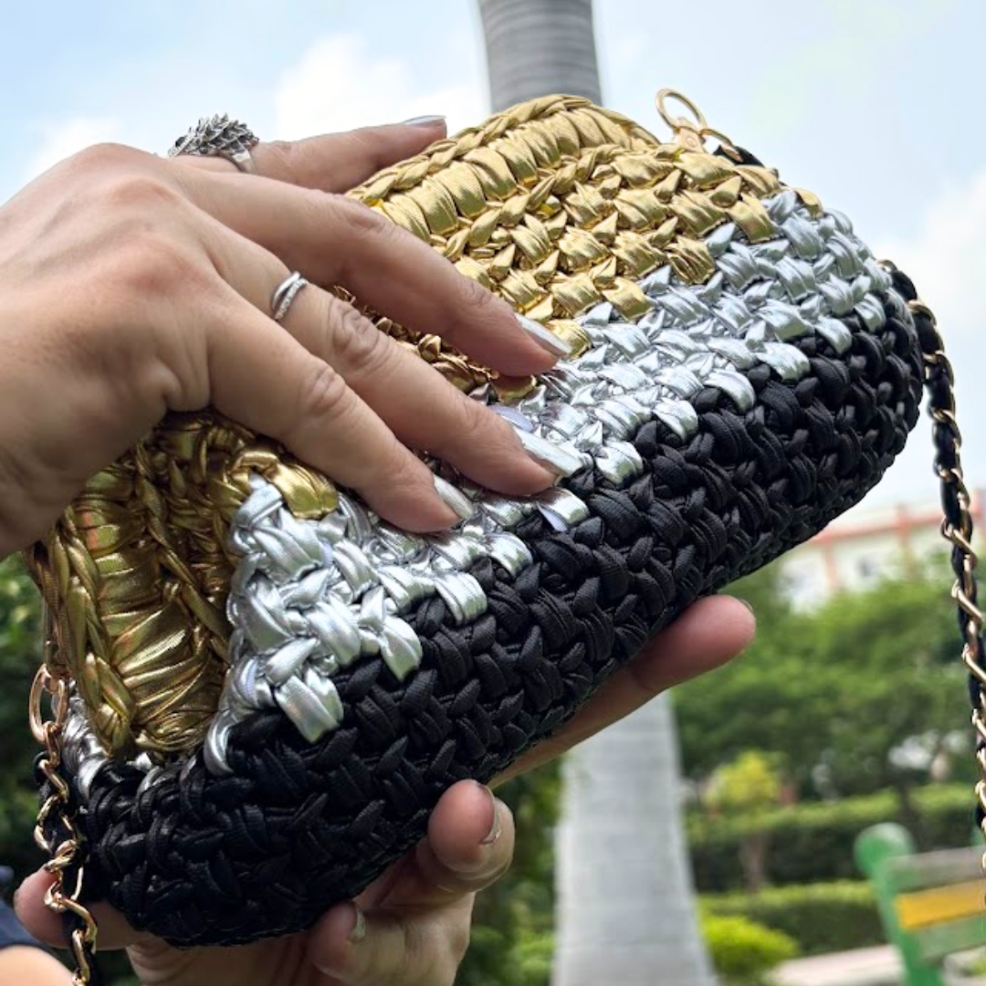 Shiroli Handmade Designer Metallic Tricolor - Clutch Crochet Bag- Image 1