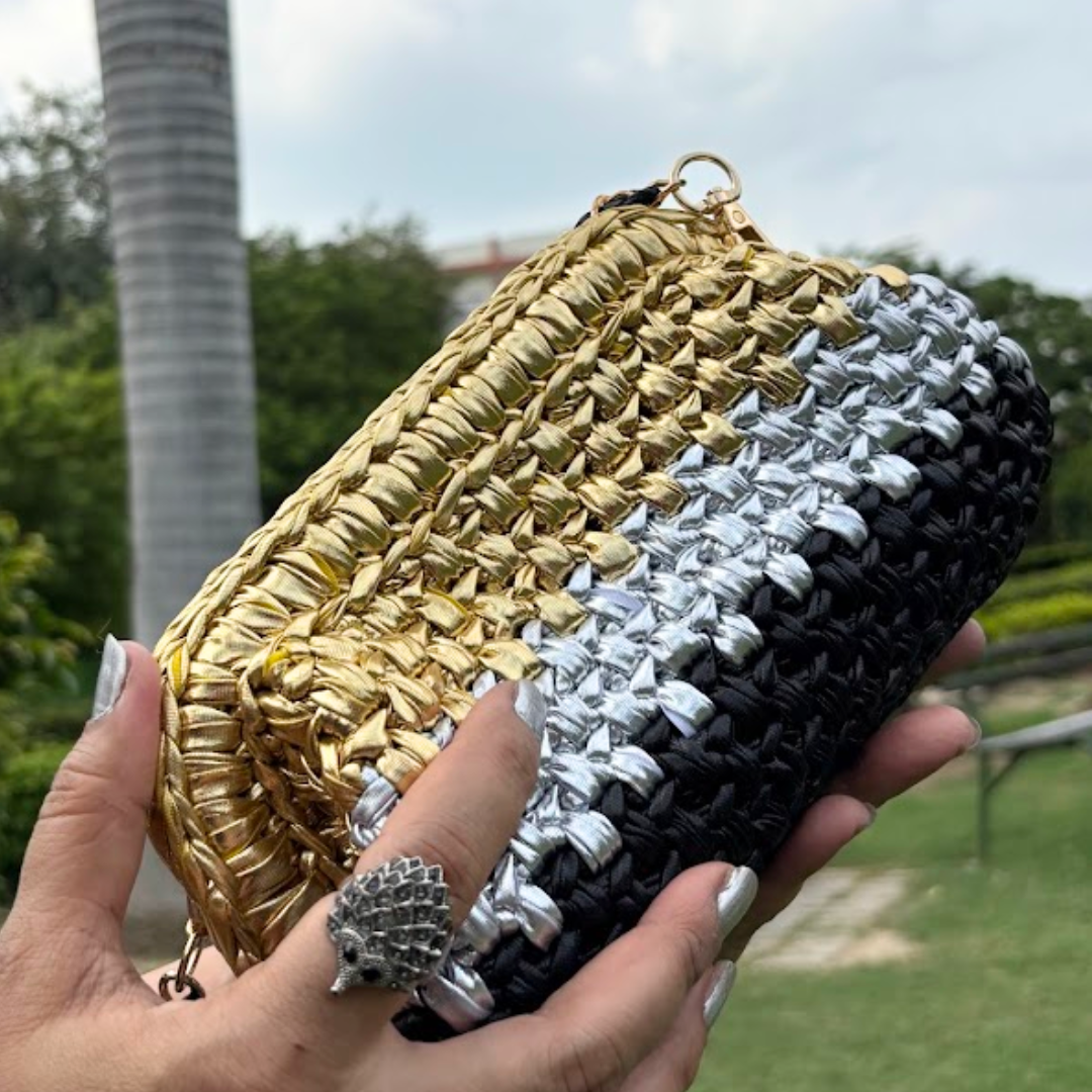 Shiroli Handmade Designer Metallic Tricolor - Clutch Crochet Bag- Image 2