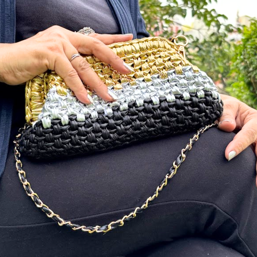 Shiroli Handmade Designer Metallic Tricolor - Clutch Crochet Bag- Image 3