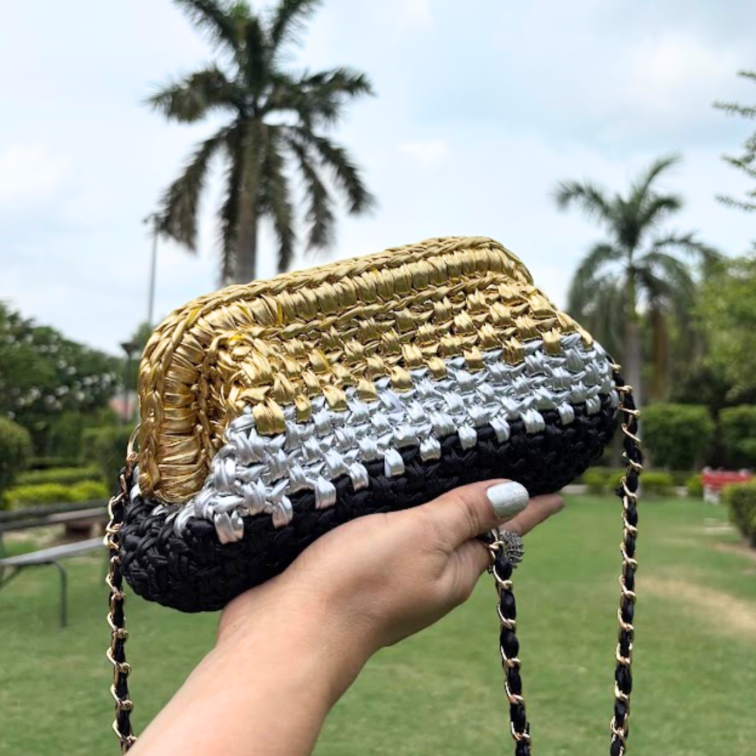 Shiroli Handmade Designer Metallic Tricolor - Clutch Crochet Bag- Image 4