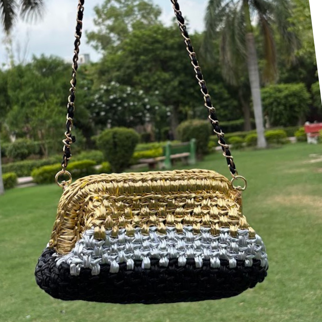 Shiroli Handmade Designer Metallic Tricolor - Clutch Crochet Bag- Image 5