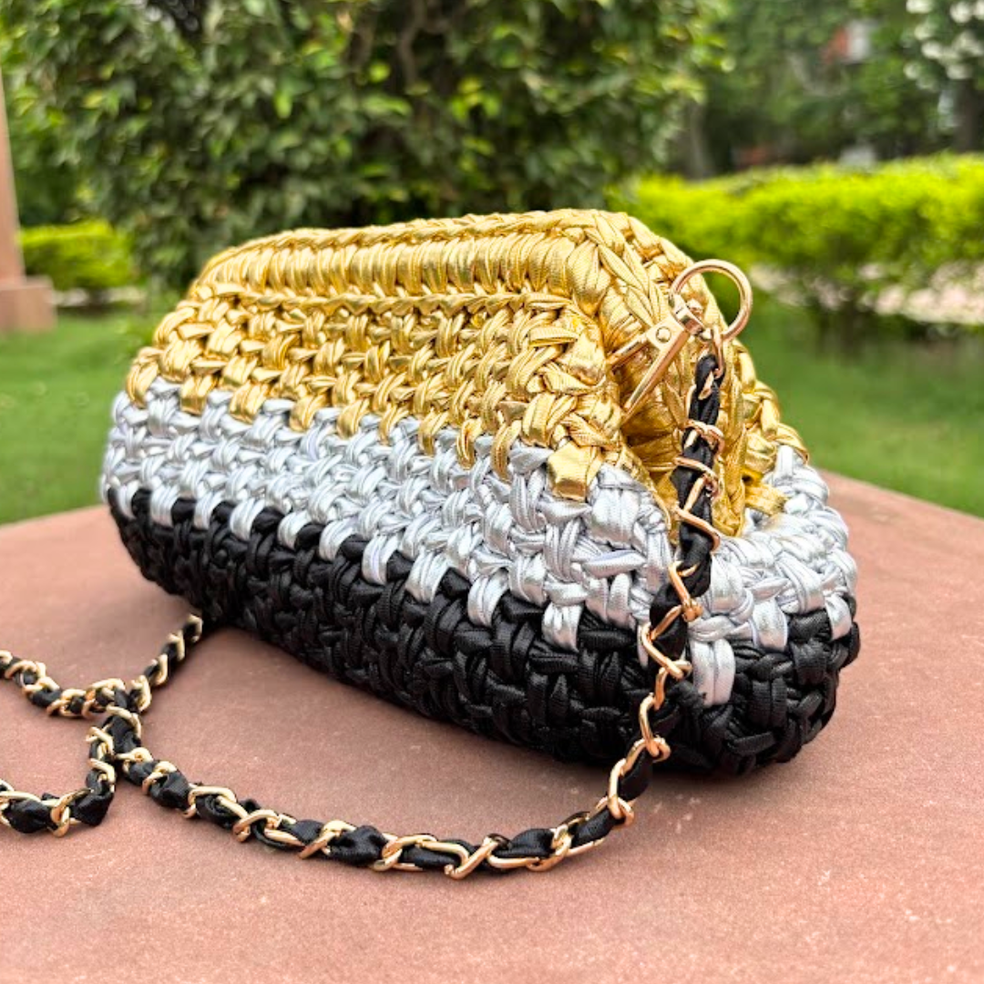 Shiroli Handmade Designer Metallic Tricolor - Clutch Crochet Bag- Image 6