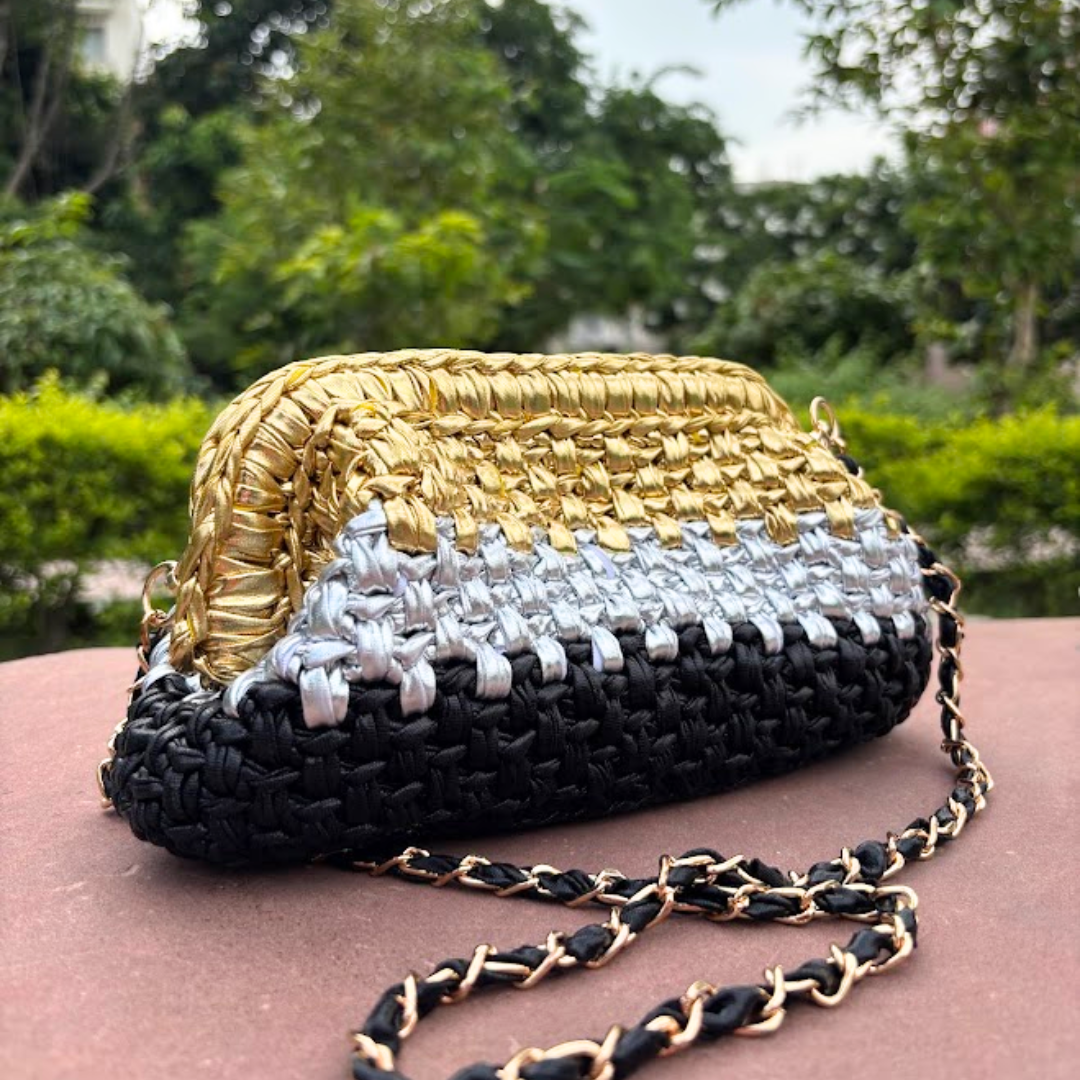 Shiroli Handmade Designer Metallic Tricolor - Clutch Crochet Bag- Image 7