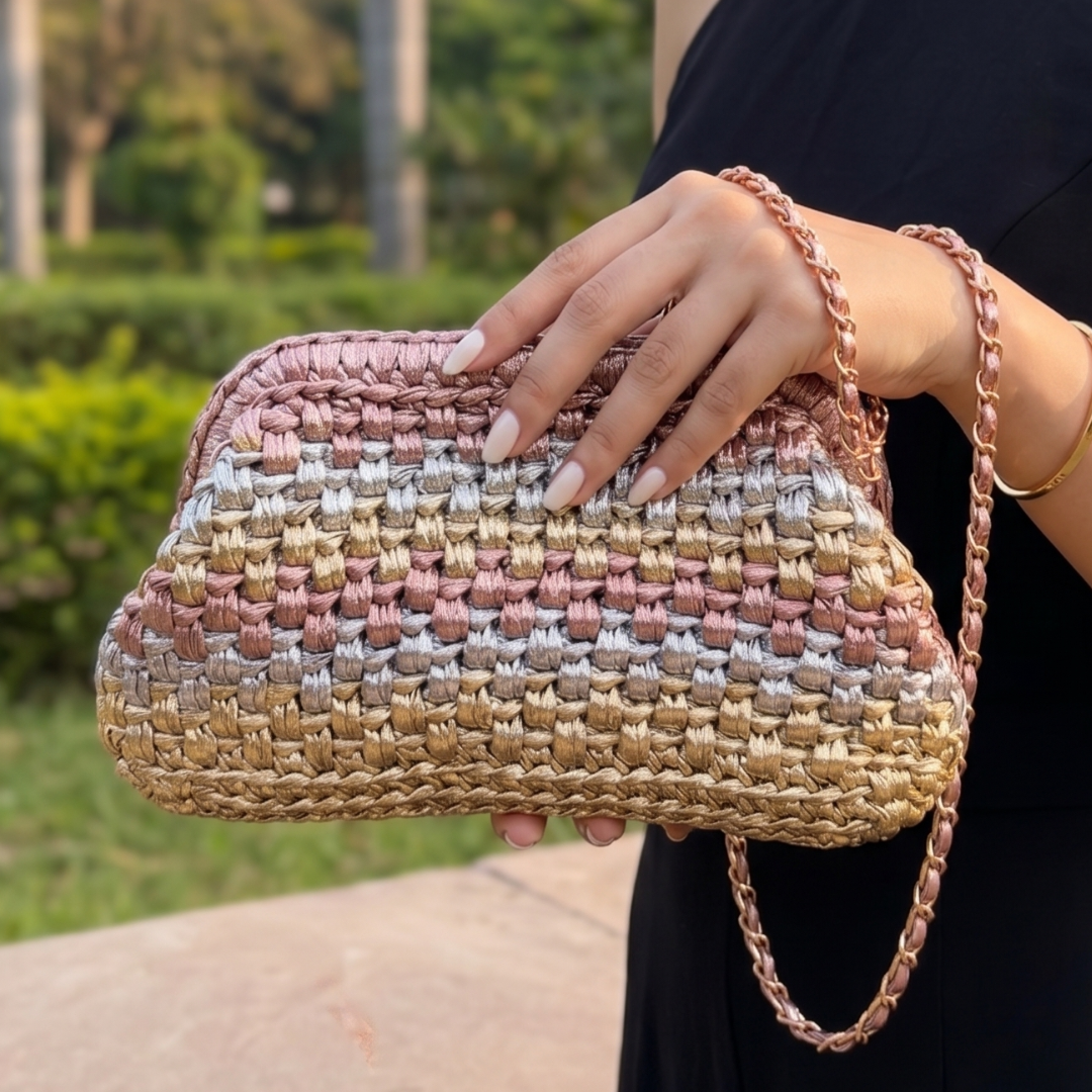Shiroli Handmade Designer Metallic Trinity - Clutch Crochet Bag - Image 3