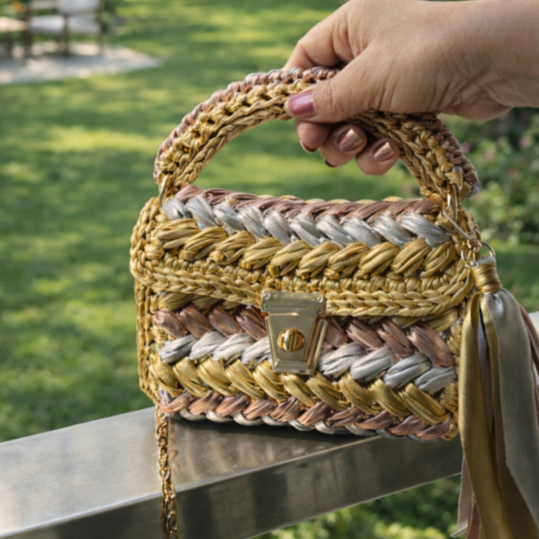 Shiroli Handmade Designer Metallic Trinity Crochet Bag - Image 3