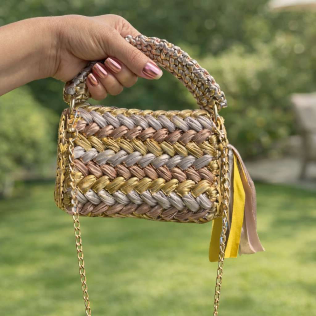 Shiroli Handmade Designer Metallic Trinity Crochet Bag - Image 5