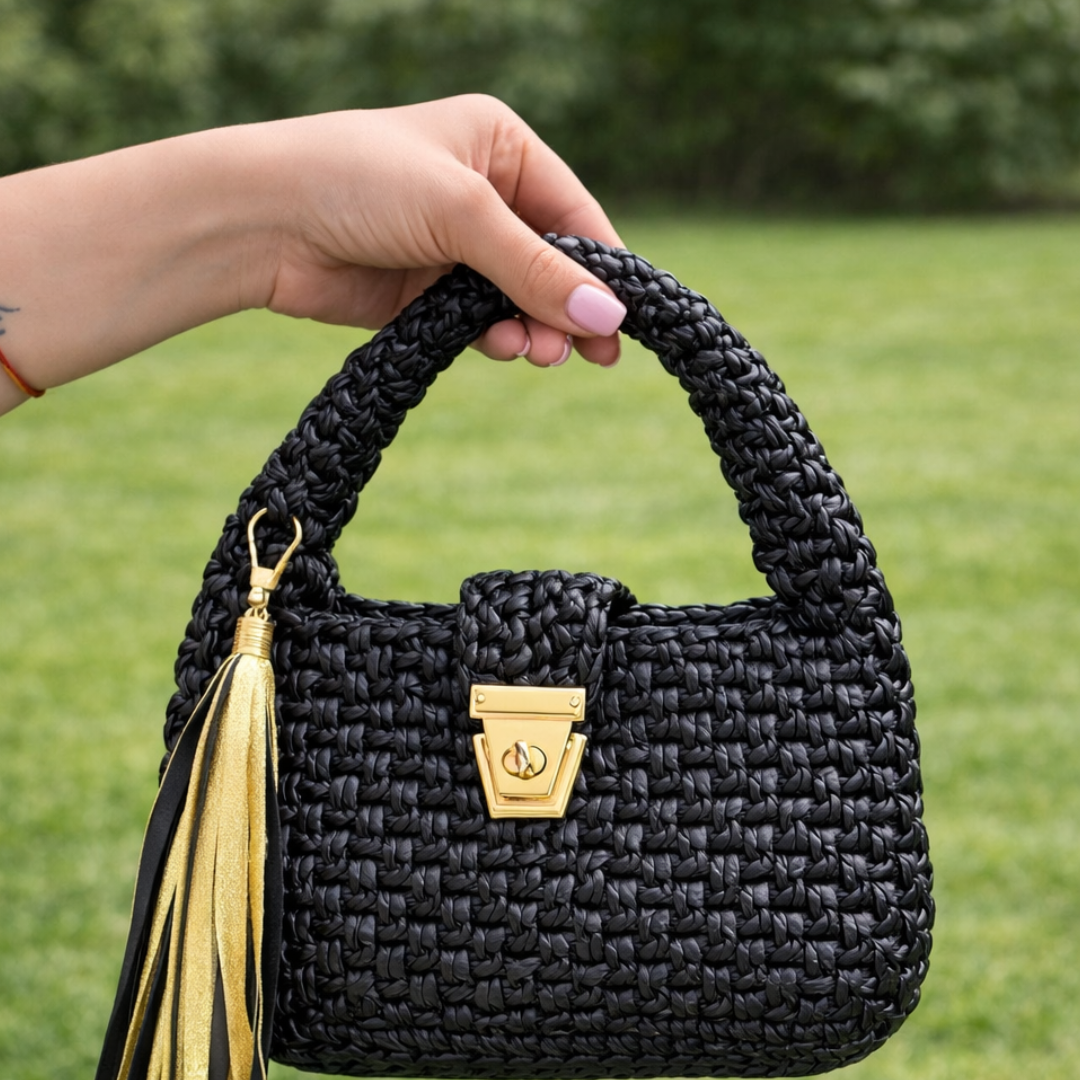 Shiroli Handmade Metallic Black - Top Handle Satchel Crochet Bag - Image 5