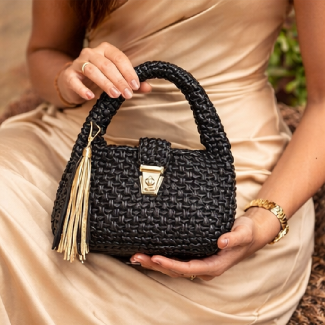 Shiroli Handmade Metallic Black - Top Handle Satchel Crochet Bag - Image 1