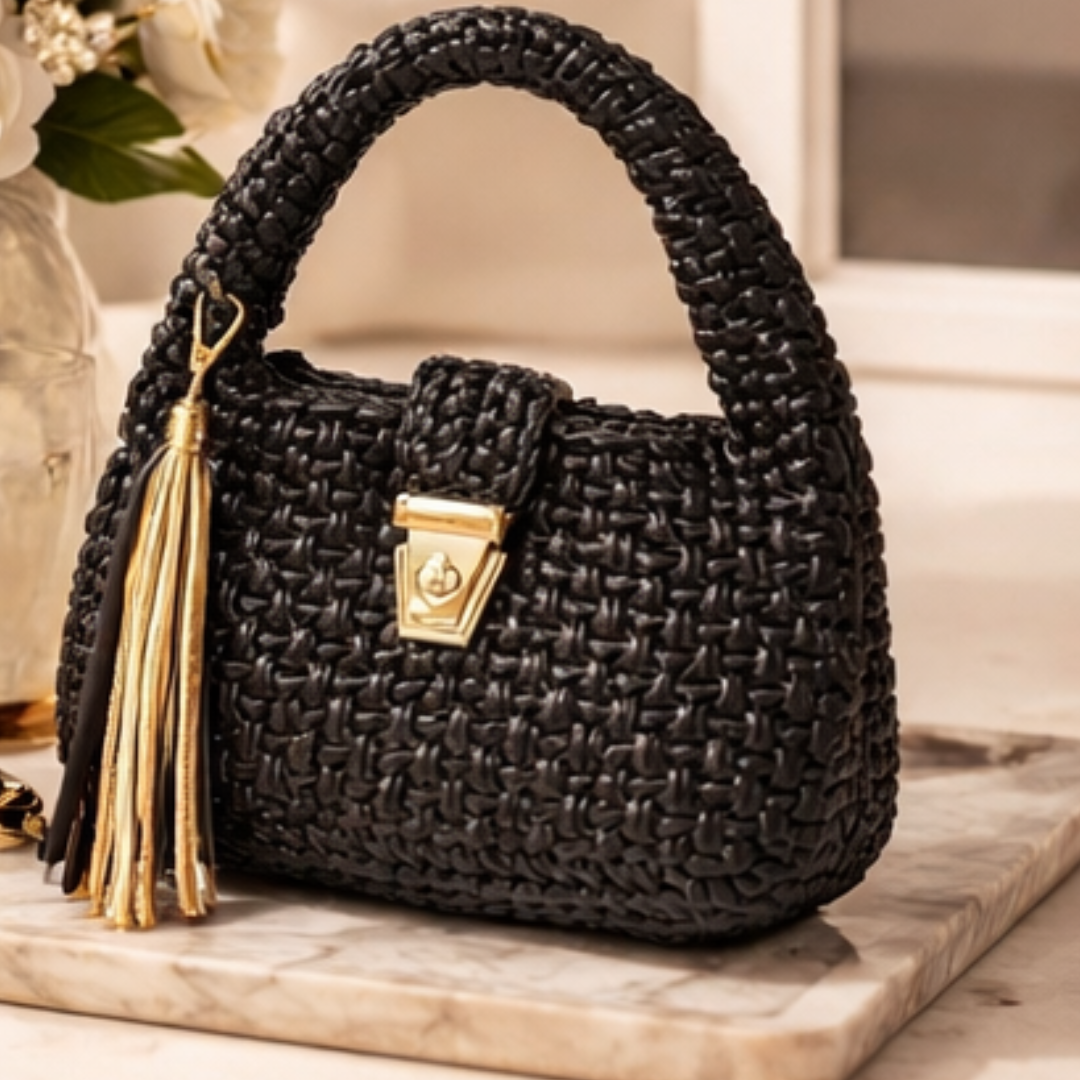 Shiroli Handmade Metallic Black - Top Handle Satchel Crochet Bag - Image 2