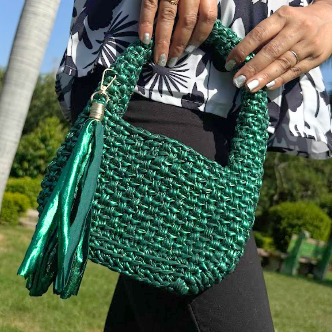 Shiroli Handmade Metallic Emerald Green - Top Handle Elite Crochet Bag- Image 1