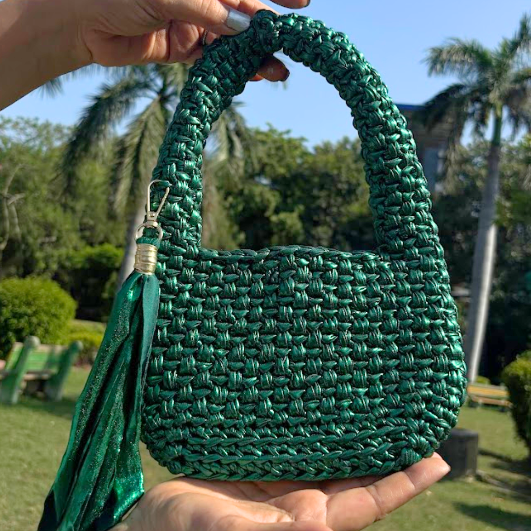 Shiroli Handmade Metallic Emerald Green - Top Handle Elite Crochet Bag- Image 2