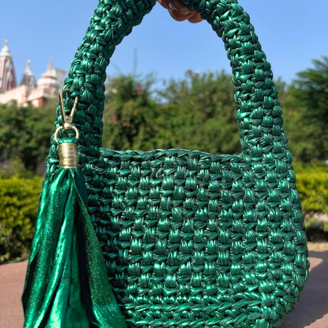 Shiroli Handmade Metallic Emerald Green - Top Handle Elite Crochet Bag- Image 5