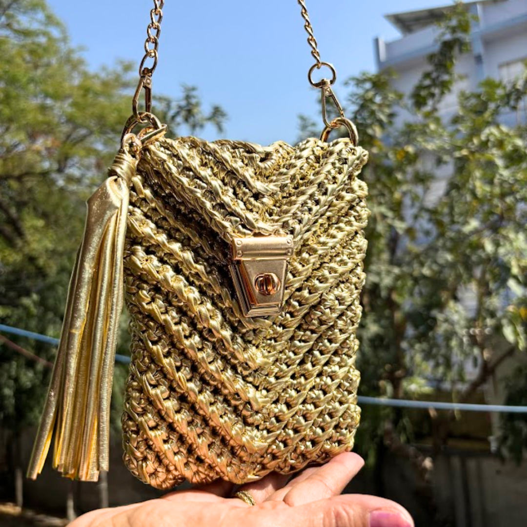 Shiroli Handmade Metallic Gold  - Mobile Sling Crochet Bag - Image 1